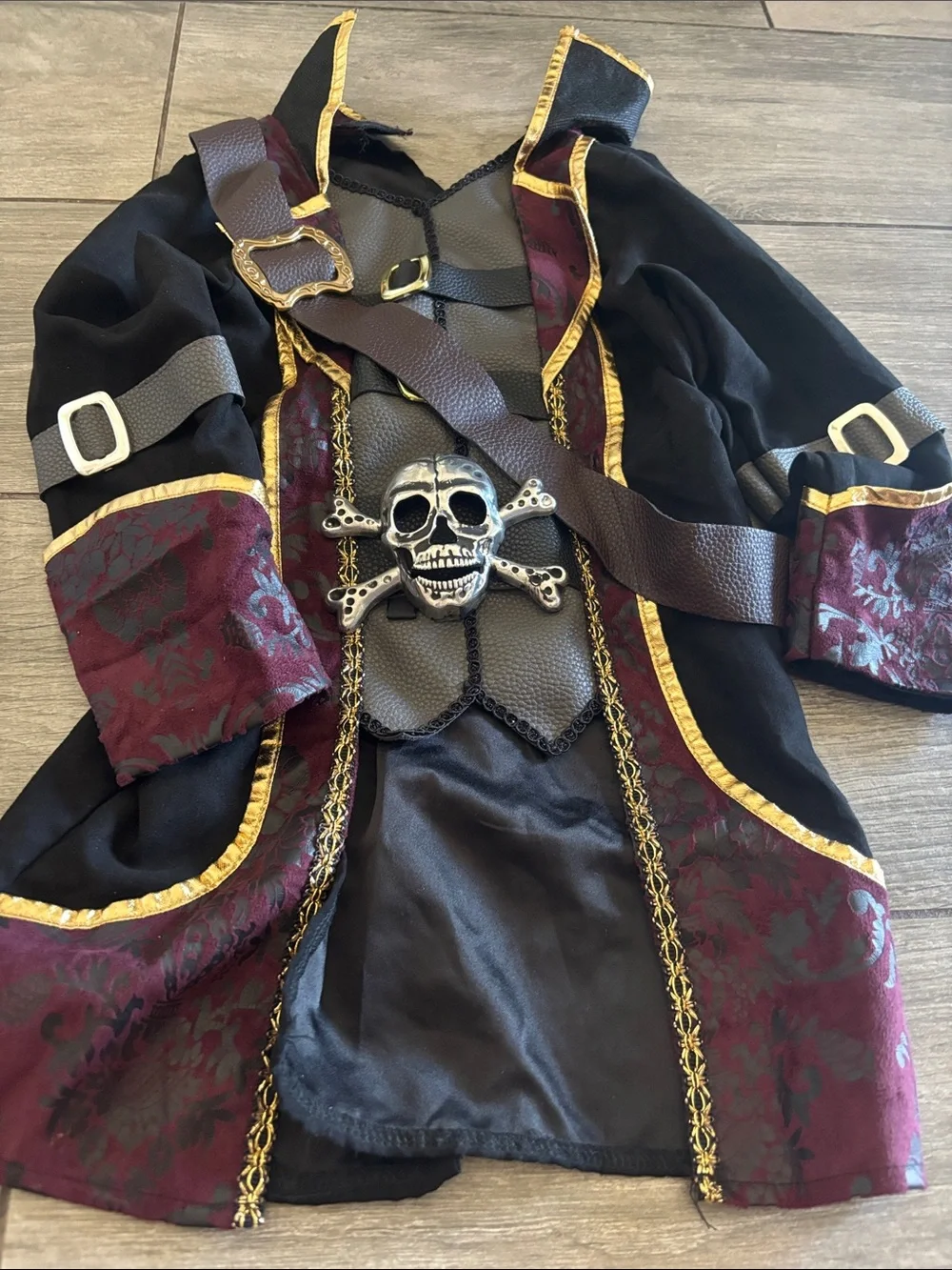 Kids Black & Burgundy Pirate Costume with Gold Trim- SIZE 5/6